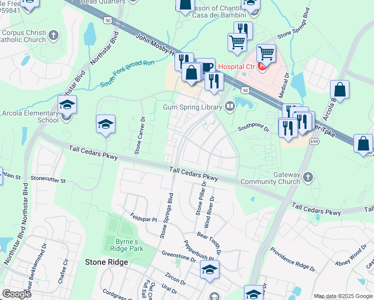 map of restaurants, bars, coffee shops, grocery stores, and more near 24650 Siltstone Square in Stone Ridge