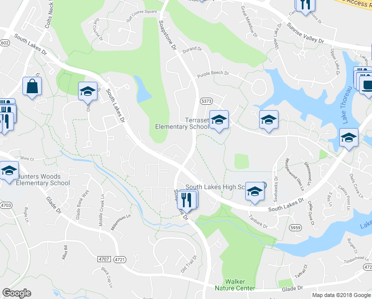 map of restaurants, bars, coffee shops, grocery stores, and more near 2102 Green Watch Way in Reston