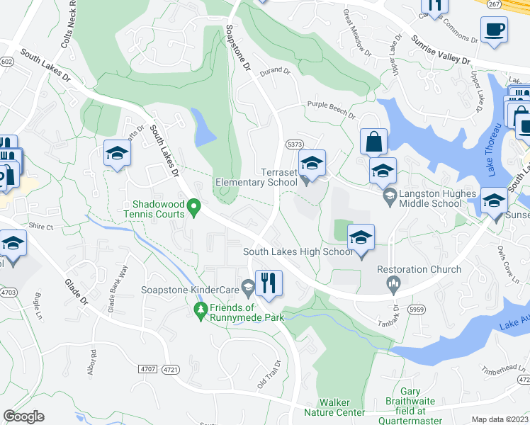 map of restaurants, bars, coffee shops, grocery stores, and more near 2102 Green Watch Way in Reston