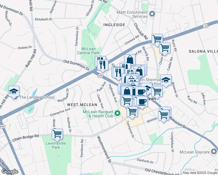 map of restaurants, bars, coffee shops, grocery stores, and more near 1404 Ingleside Avenue in McLean