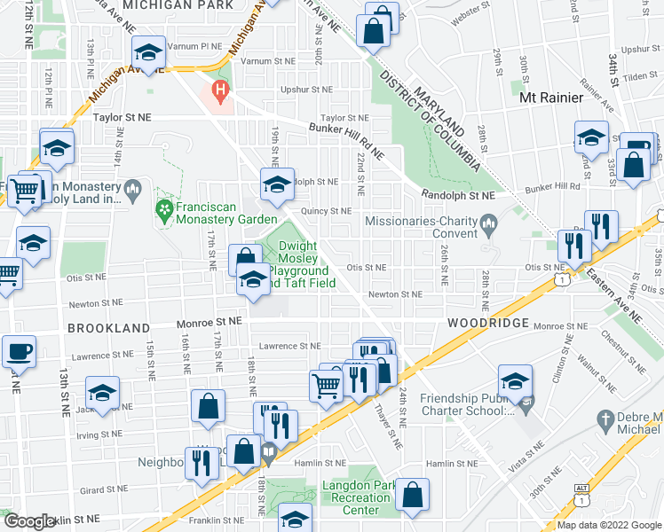map of restaurants, bars, coffee shops, grocery stores, and more near 3707 South Dakota Ave NE in Washington