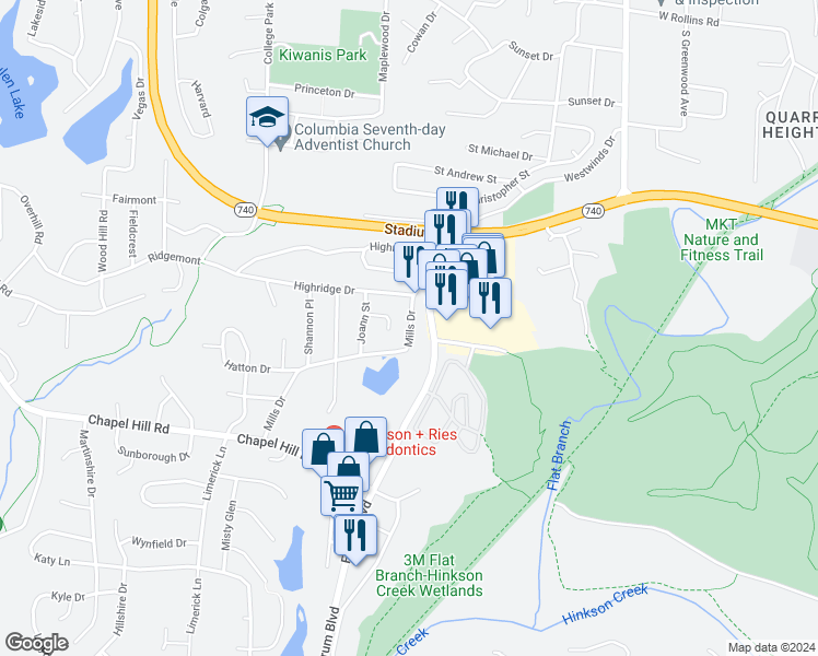 map of restaurants, bars, coffee shops, grocery stores, and more near 1413 Mills Drive in Columbia