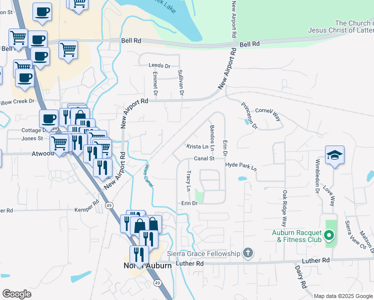 map of restaurants, bars, coffee shops, grocery stores, and more near 12320 Krista Lane in Auburn