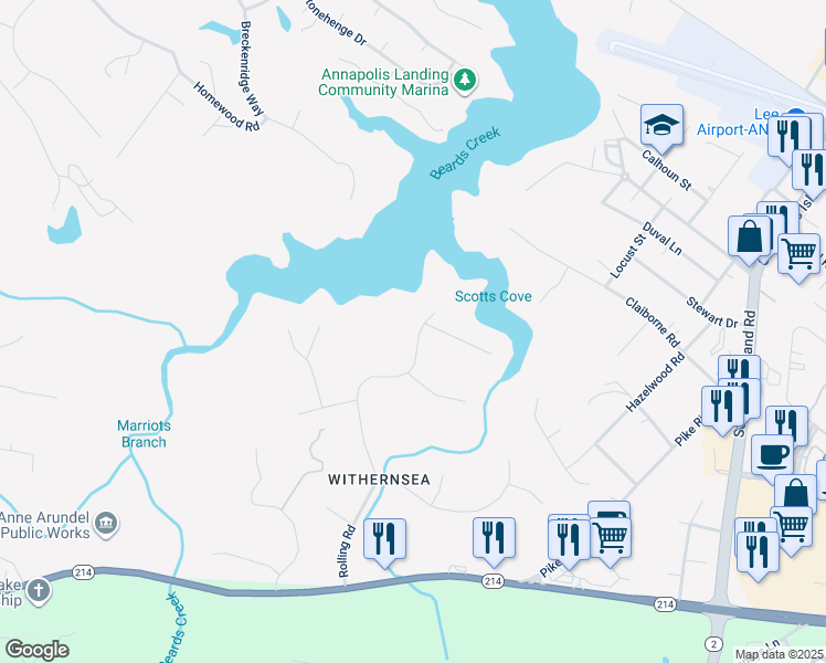 map of restaurants, bars, coffee shops, grocery stores, and more near 3160 Rolling Road in Edgewater