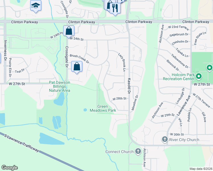 map of restaurants, bars, coffee shops, grocery stores, and more near 2604 Winterbrook Drive in Lawrence