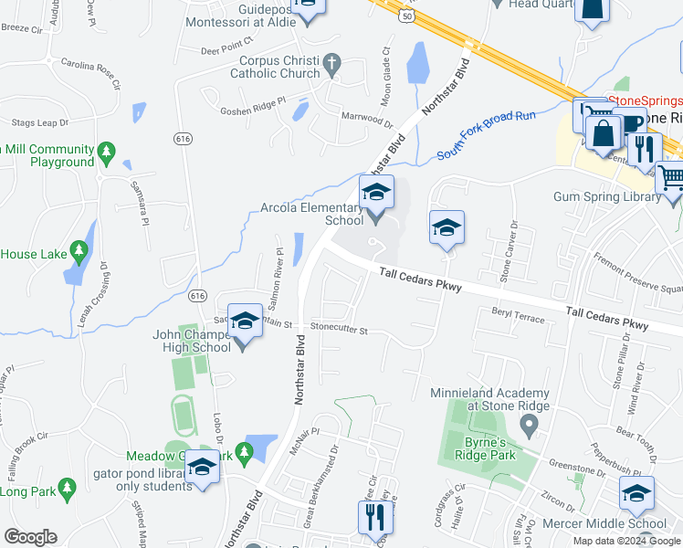 map of restaurants, bars, coffee shops, grocery stores, and more near Moors Mine Terrace in Aldie