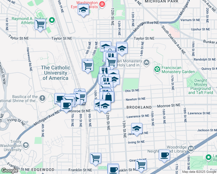 map of restaurants, bars, coffee shops, grocery stores, and more near 3719 12th Street Northeast in Washington