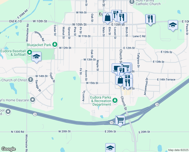 map of restaurants, bars, coffee shops, grocery stores, and more near 1415 Maple Street in Eudora