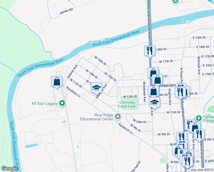 map of restaurants, bars, coffee shops, grocery stores, and more near 1315 Monroe Avenue in Front Royal