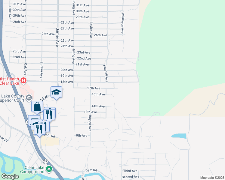 map of restaurants, bars, coffee shops, grocery stores, and more near 16287 17th Avenue in Clearlake