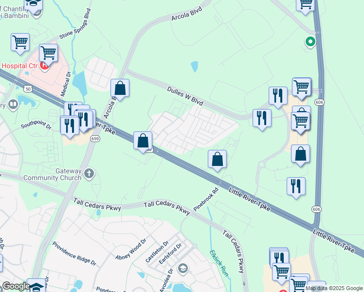 map of restaurants, bars, coffee shops, grocery stores, and more near 24722 Malibu Terrace in Sterling