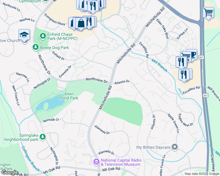 map of restaurants, bars, coffee shops, grocery stores, and more near Mitchellville Road in Bowie