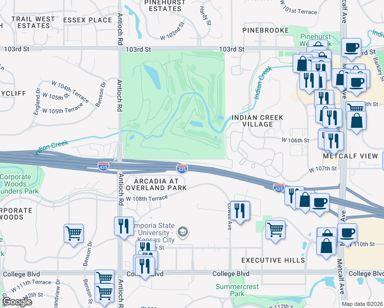 map of restaurants, bars, coffee shops, grocery stores, and more near 8214 Country Club Drive in Overland Park