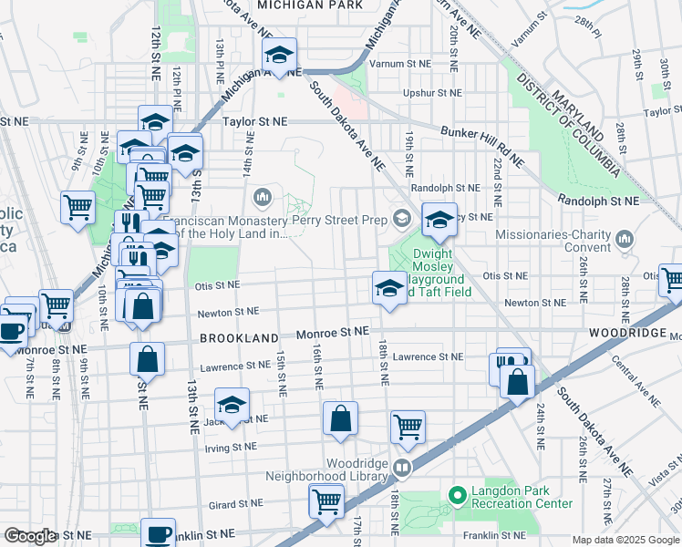 map of restaurants, bars, coffee shops, grocery stores, and more near 1632 Otis Street Northeast in Washington