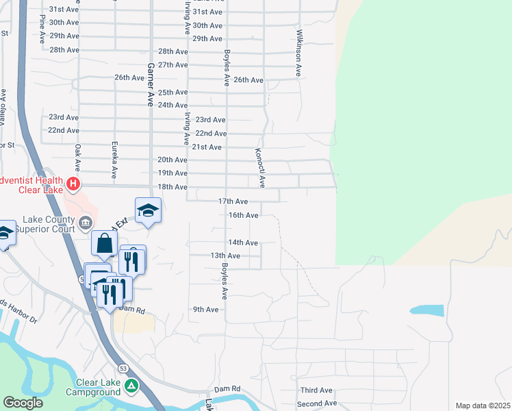map of restaurants, bars, coffee shops, grocery stores, and more near 16227 17th Avenue in Clearlake
