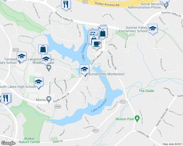 map of restaurants, bars, coffee shops, grocery stores, and more near 2528 Brenton Point Drive in Reston