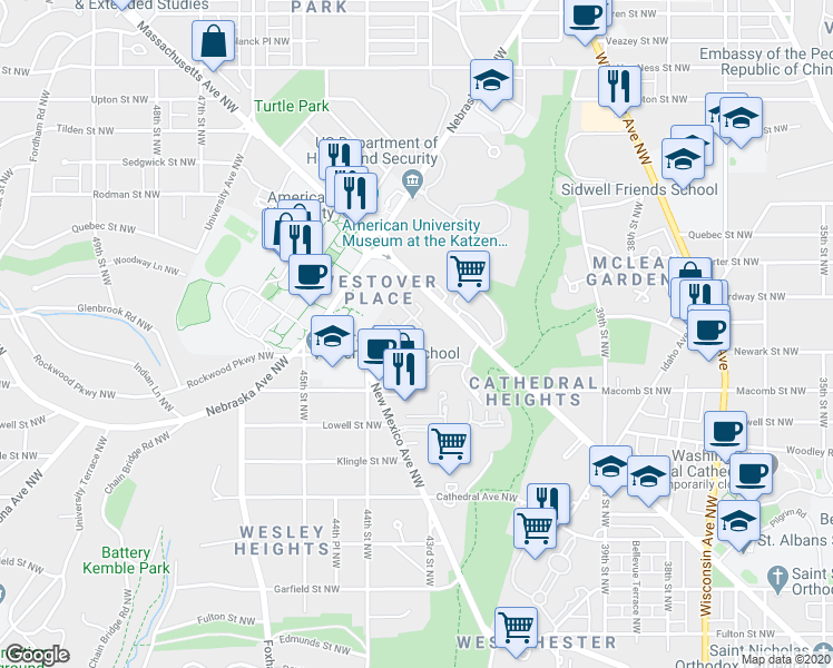 map of restaurants, bars, coffee shops, grocery stores, and more near 4367 Westover Place Northwest in Washington