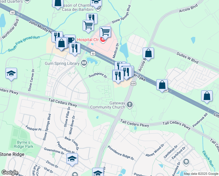 map of restaurants, bars, coffee shops, grocery stores, and more near 42301 San Juan Terrace in Aldie