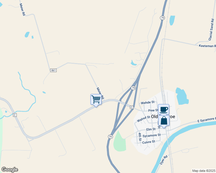 map of restaurants, bars, coffee shops, grocery stores, and more near 1380 Meier Road in Old Monroe