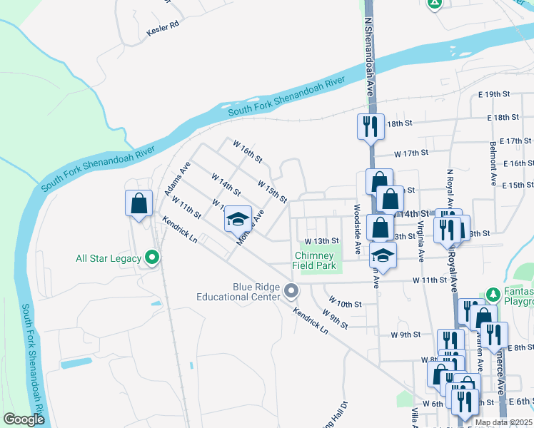 map of restaurants, bars, coffee shops, grocery stores, and more near 1317 Monroe Avenue in Front Royal