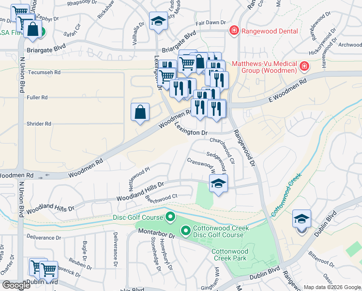 map of restaurants, bars, coffee shops, grocery stores, and more near 7050 Hazelwood Lane in Colorado Springs