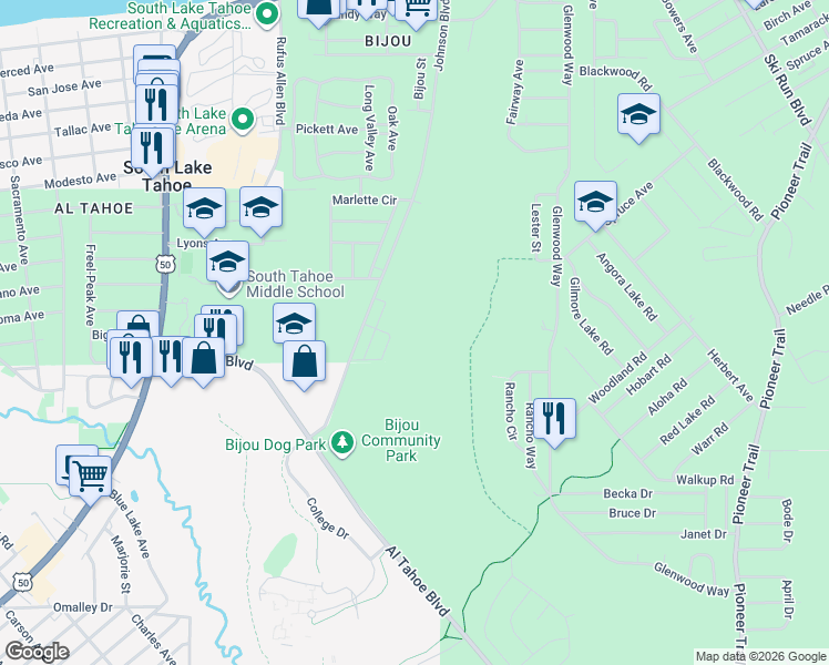 map of restaurants, bars, coffee shops, grocery stores, and more near in South Lake Tahoe