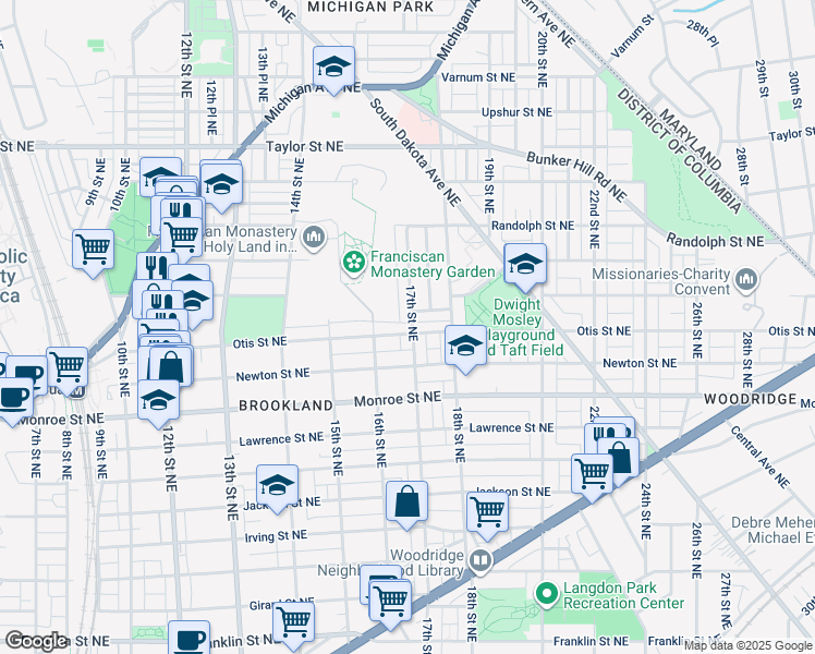 map of restaurants, bars, coffee shops, grocery stores, and more near 1632 Otis Street Northeast in Washington