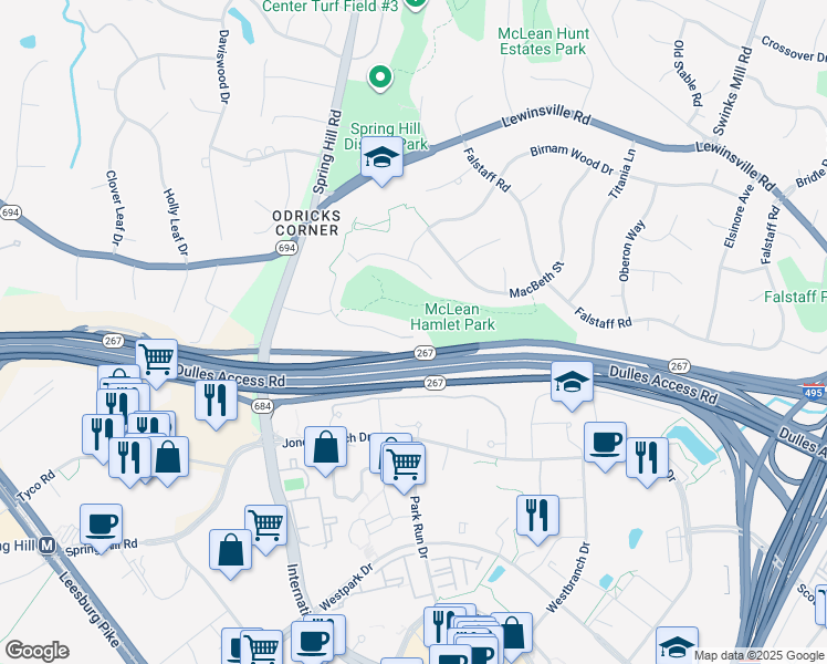 map of restaurants, bars, coffee shops, grocery stores, and more near 1389 Northwyck Court in McLean
