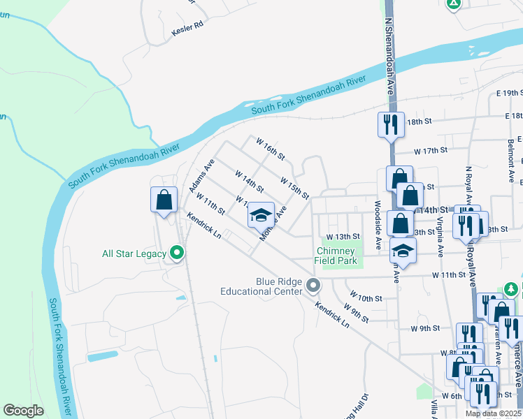 map of restaurants, bars, coffee shops, grocery stores, and more near 713 West 13th Street in Front Royal