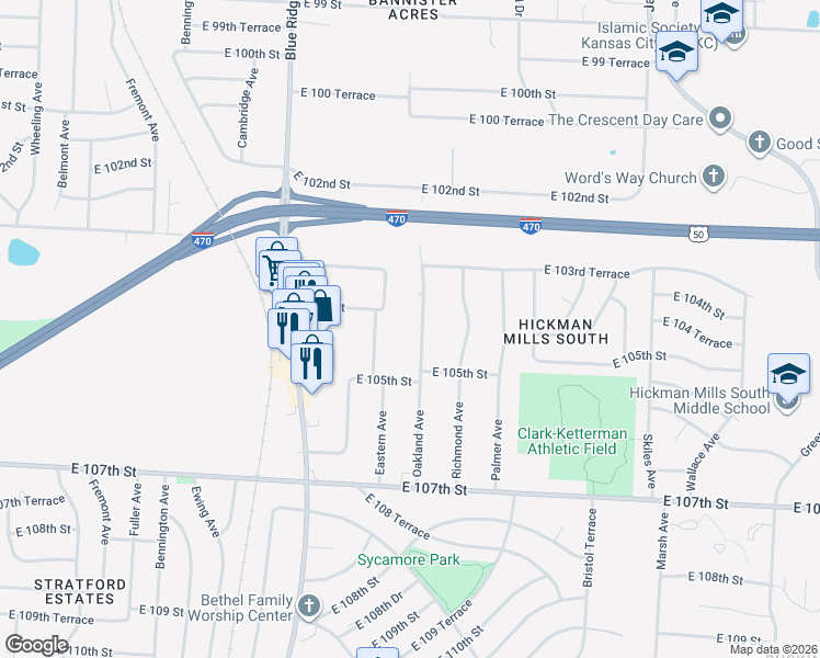 map of restaurants, bars, coffee shops, grocery stores, and more near 10405 Oakland Avenue in Kansas City