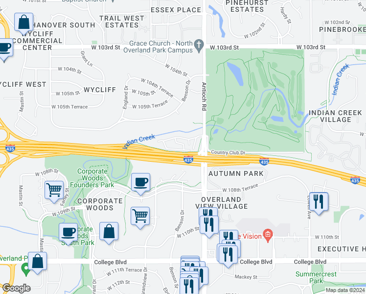 map of restaurants, bars, coffee shops, grocery stores, and more near 8710 West 106th Terrace in Overland Park