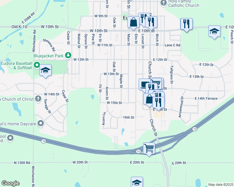 map of restaurants, bars, coffee shops, grocery stores, and more near 1415 Maple St in Eudora