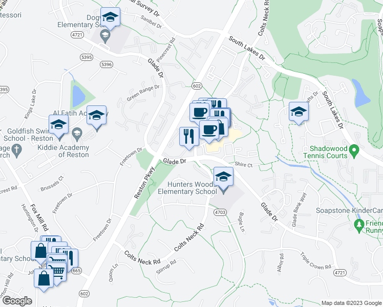 map of restaurants, bars, coffee shops, grocery stores, and more near 12184 Glade Drive in Reston