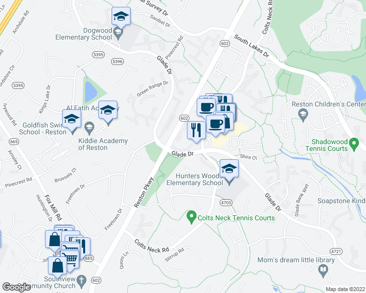 map of restaurants, bars, coffee shops, grocery stores, and more near 2470 Ridgehampton Court in Reston
