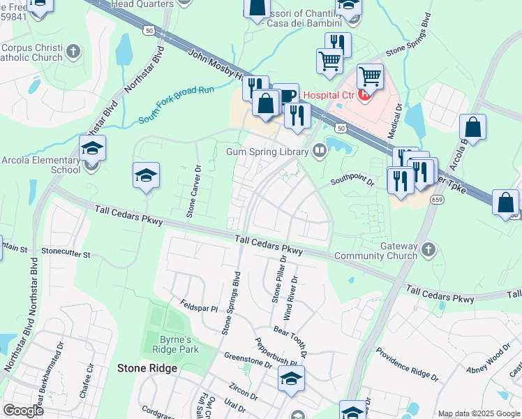 map of restaurants, bars, coffee shops, grocery stores, and more near 24646 Siltstone Square in Stone Ridge