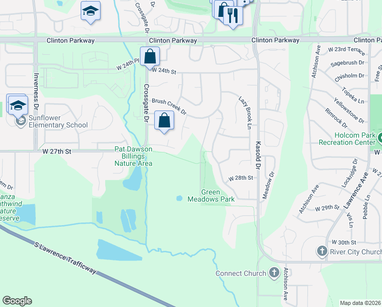 map of restaurants, bars, coffee shops, grocery stores, and more near 2500 Morningside Drive in Lawrence