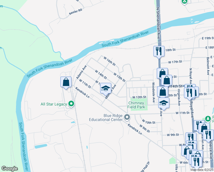 map of restaurants, bars, coffee shops, grocery stores, and more near 709 West 13th Street in Front Royal