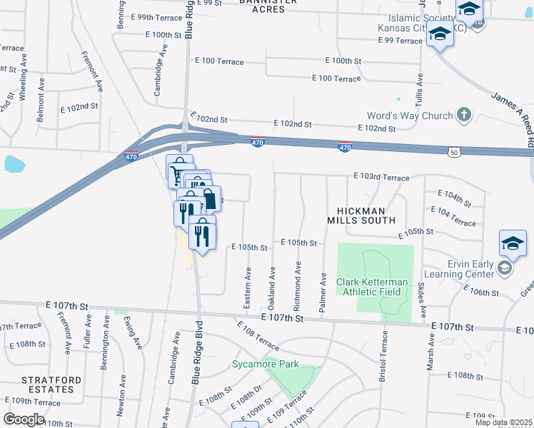 map of restaurants, bars, coffee shops, grocery stores, and more near 10405 Oakland Avenue in Kansas City
