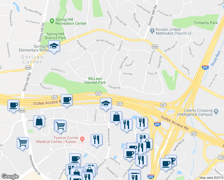 map of restaurants, bars, coffee shops, grocery stores, and more near 7917 Falstaff Road in McLean