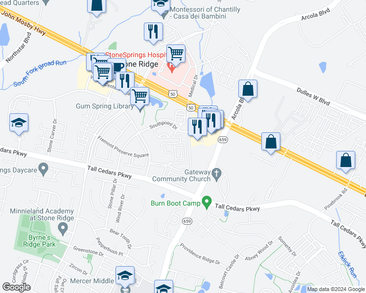 map of restaurants, bars, coffee shops, grocery stores, and more near 42303 San Juan Terrace in Aldie