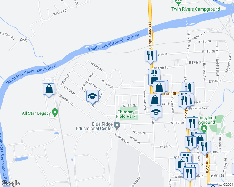 map of restaurants, bars, coffee shops, grocery stores, and more near 517 West 14th Street in Front Royal