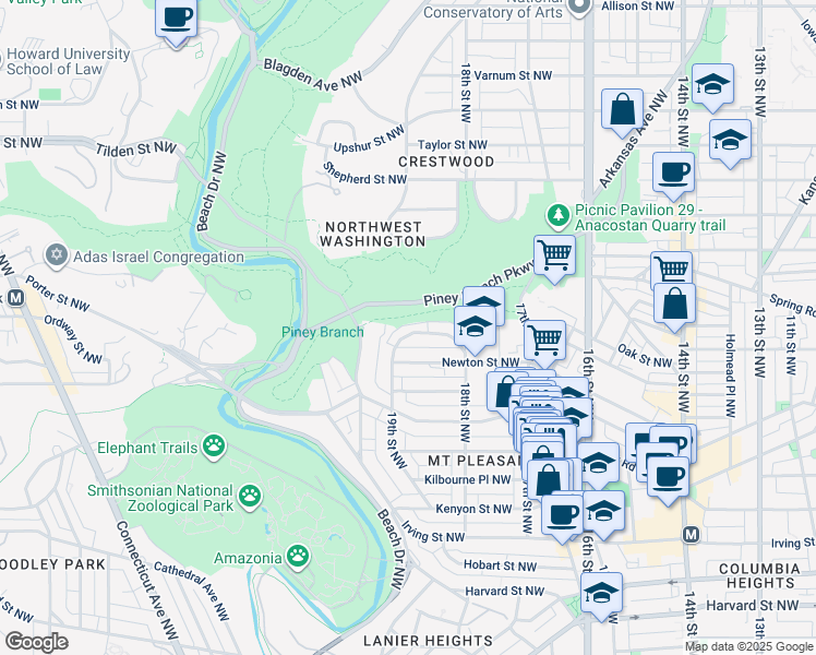 map of restaurants, bars, coffee shops, grocery stores, and more near 1863 Ingleside Terrace Northwest in Washington