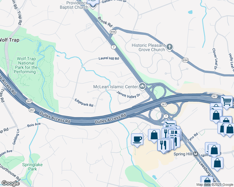 map of restaurants, bars, coffee shops, grocery stores, and more near 1452 Carrington Ridge Lane in Vienna