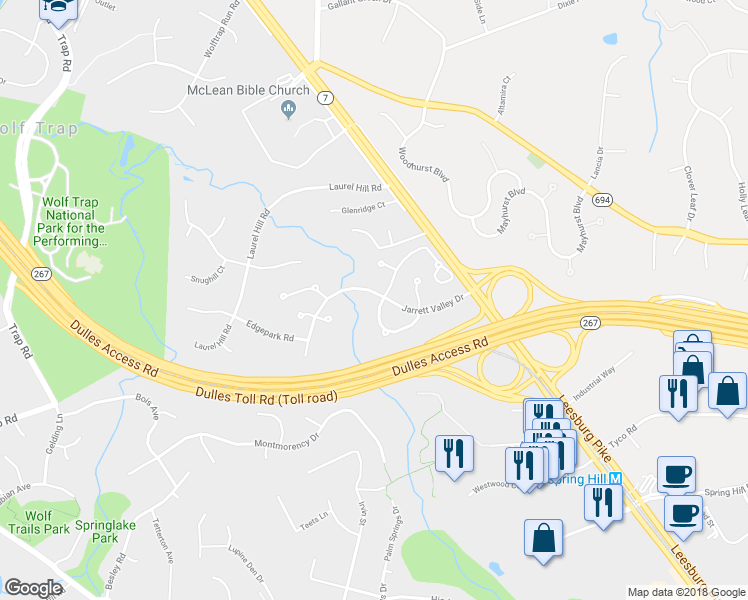 map of restaurants, bars, coffee shops, grocery stores, and more near 1452 Carrington Ridge Lane in Vienna