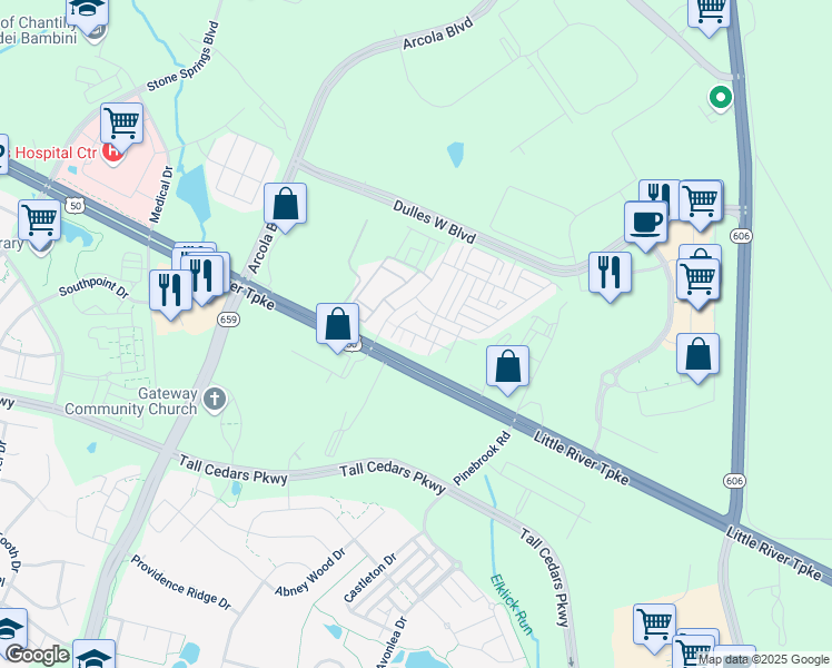 map of restaurants, bars, coffee shops, grocery stores, and more near Footed Ridge Terrace in Sterling