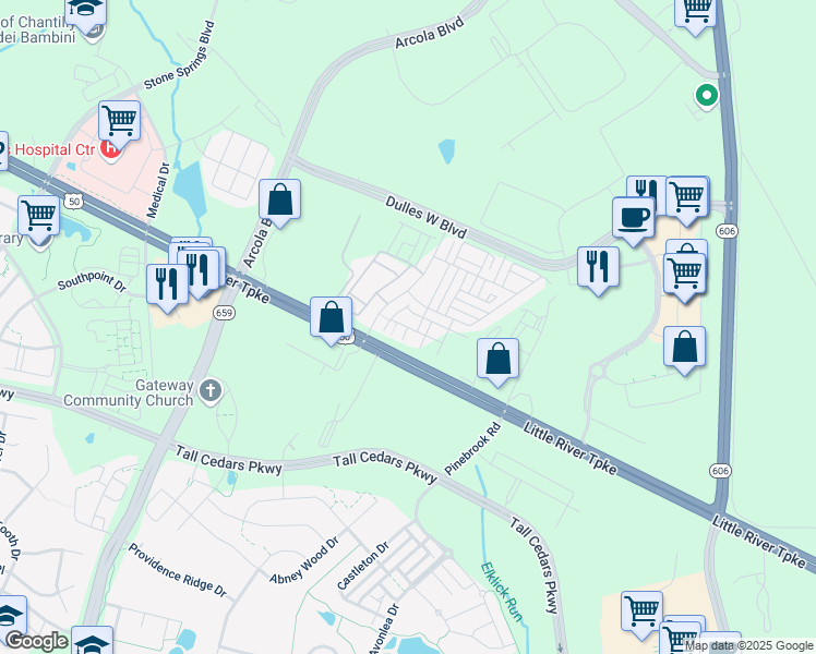 map of restaurants, bars, coffee shops, grocery stores, and more near Vaughn Landing Terrace in Sterling