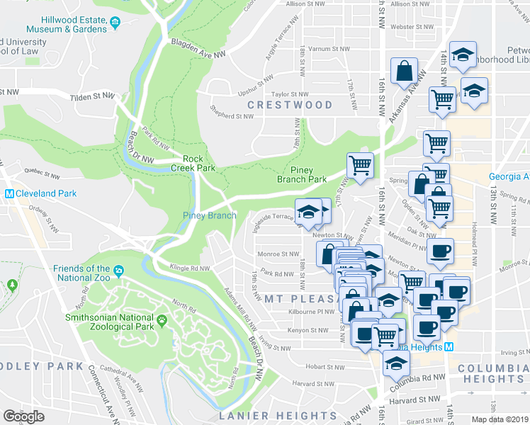 map of restaurants, bars, coffee shops, grocery stores, and more near 1863 Ingleside Terrace Northwest in Washington
