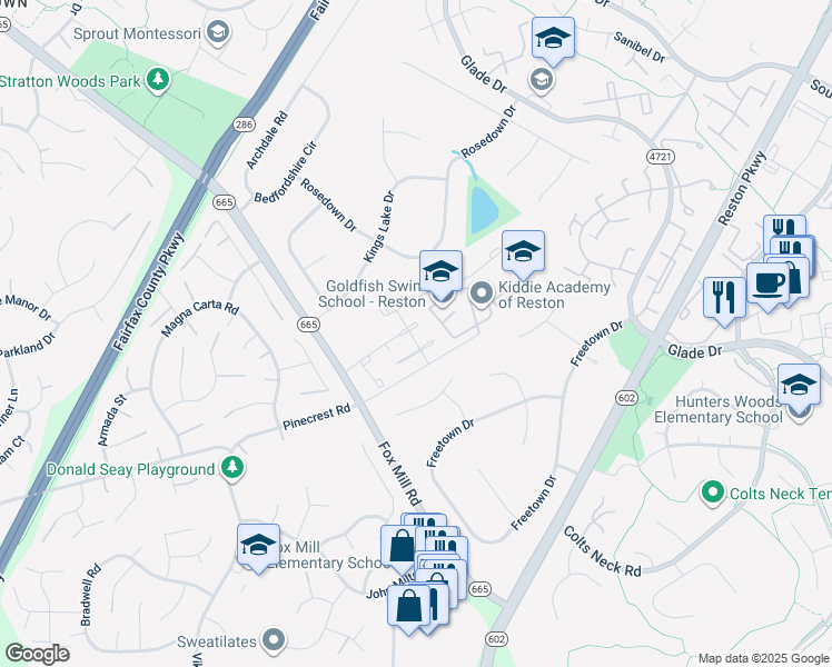map of restaurants, bars, coffee shops, grocery stores, and more near 12497 Fox View Way in Reston