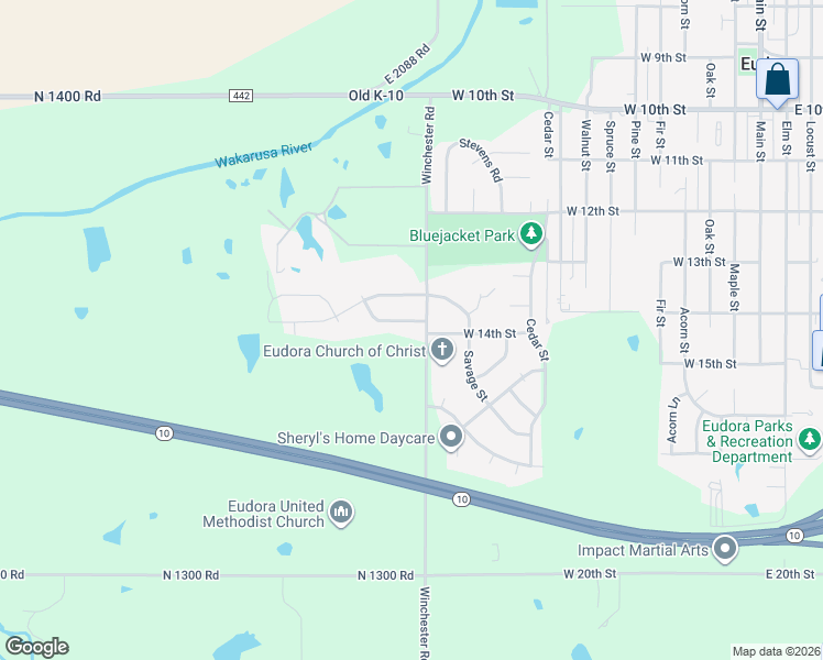 map of restaurants, bars, coffee shops, grocery stores, and more near 1104 West 13th Lane in Eudora