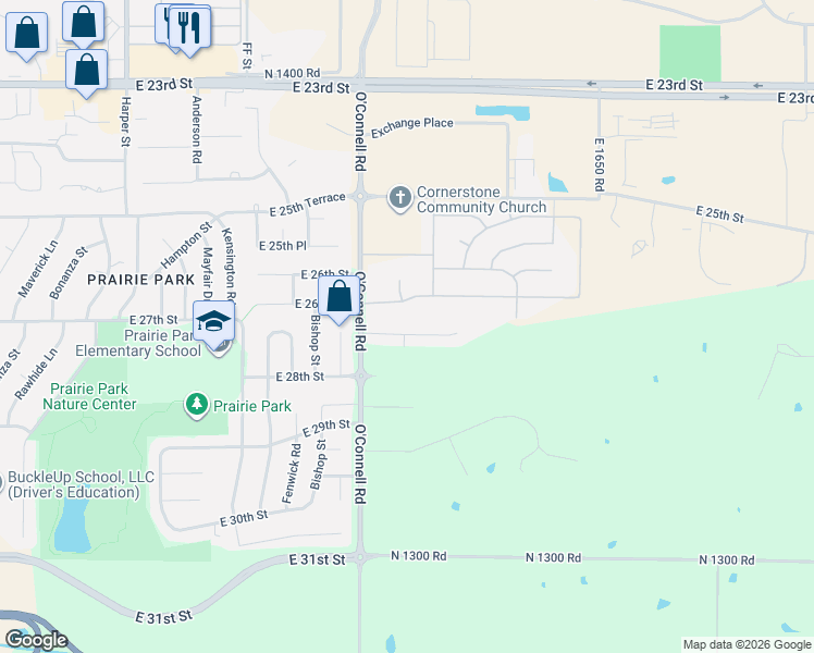 map of restaurants, bars, coffee shops, grocery stores, and more near 2400 East 27th Terrace in Lawrence